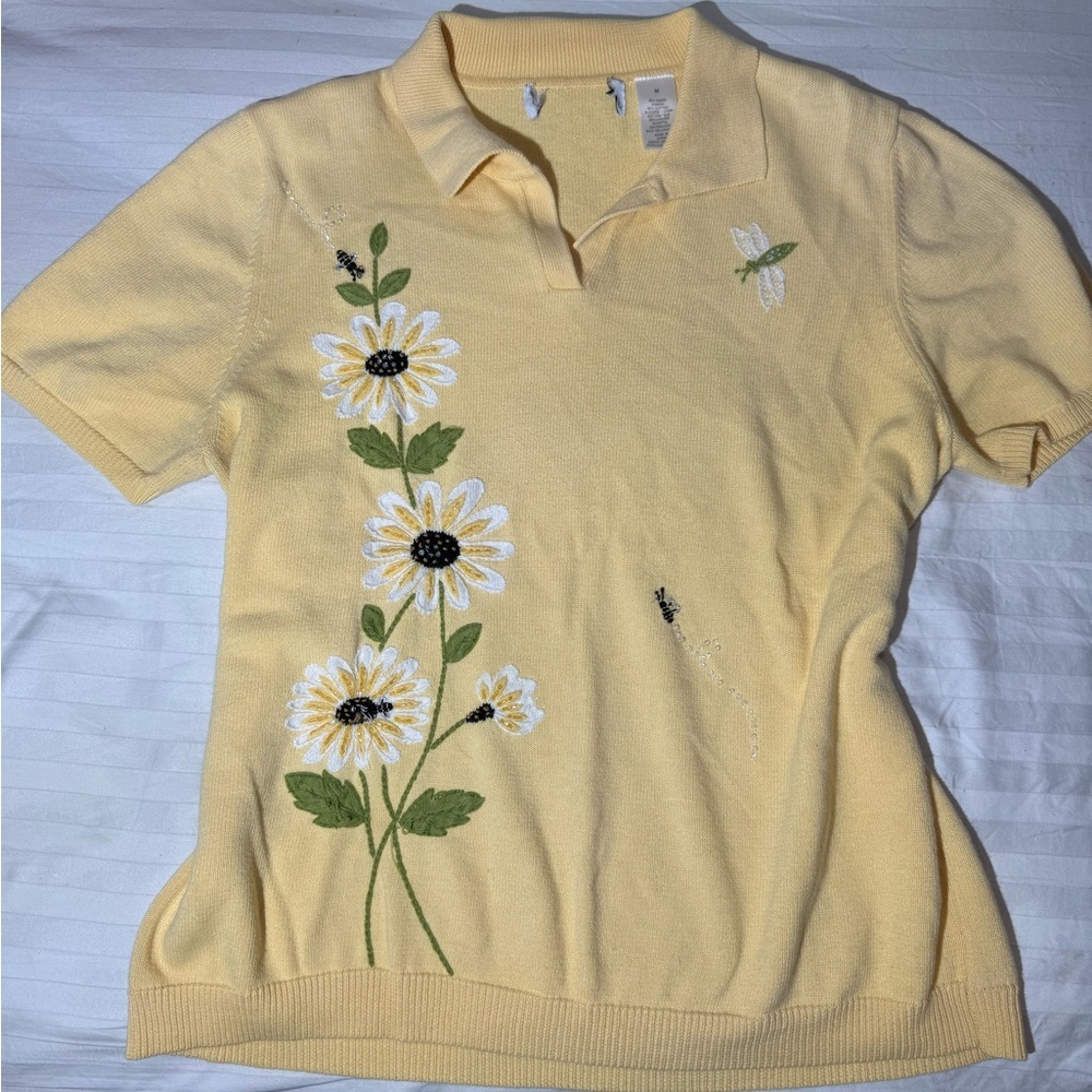 Floral Embroidered Yellow Polo Blouse